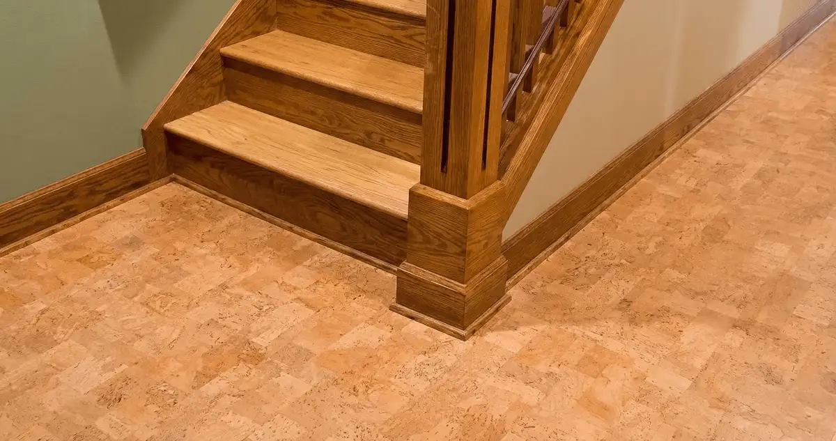 End of a staircase with cork flooring in Charlotte, NC