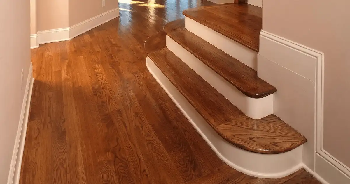 Base floor of a staircase with professionally restored wood flooring in Charlotte NC