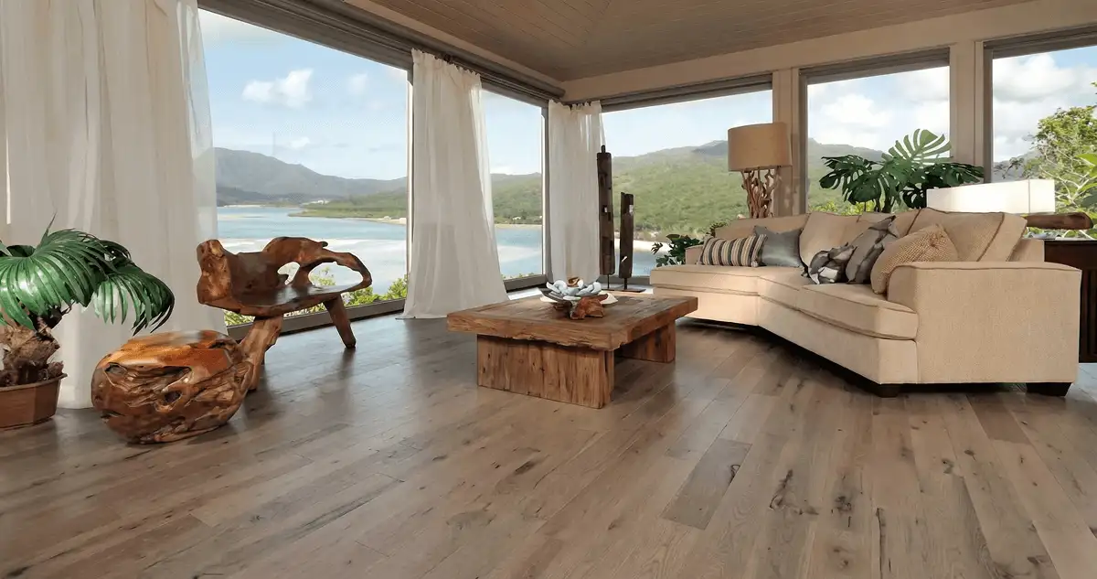 Professionally installed vinyl flooring in a modern living room with large windows in Charlotte, NC